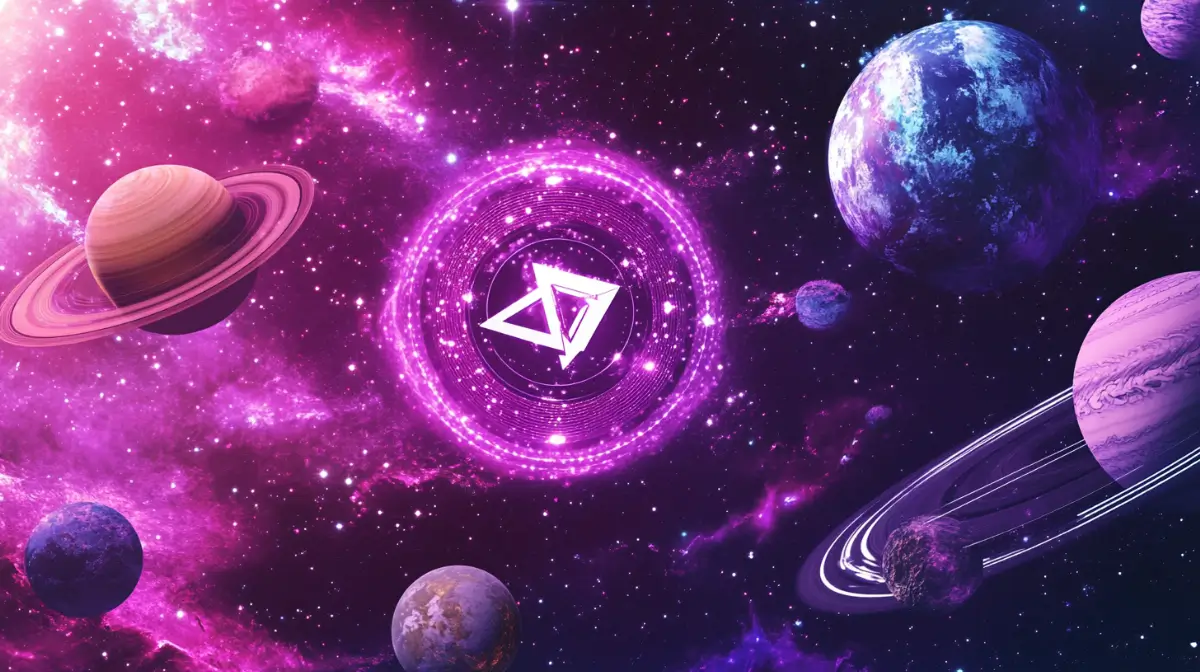 宇宙空間に浮かぶ仮想通貨のシンボル。